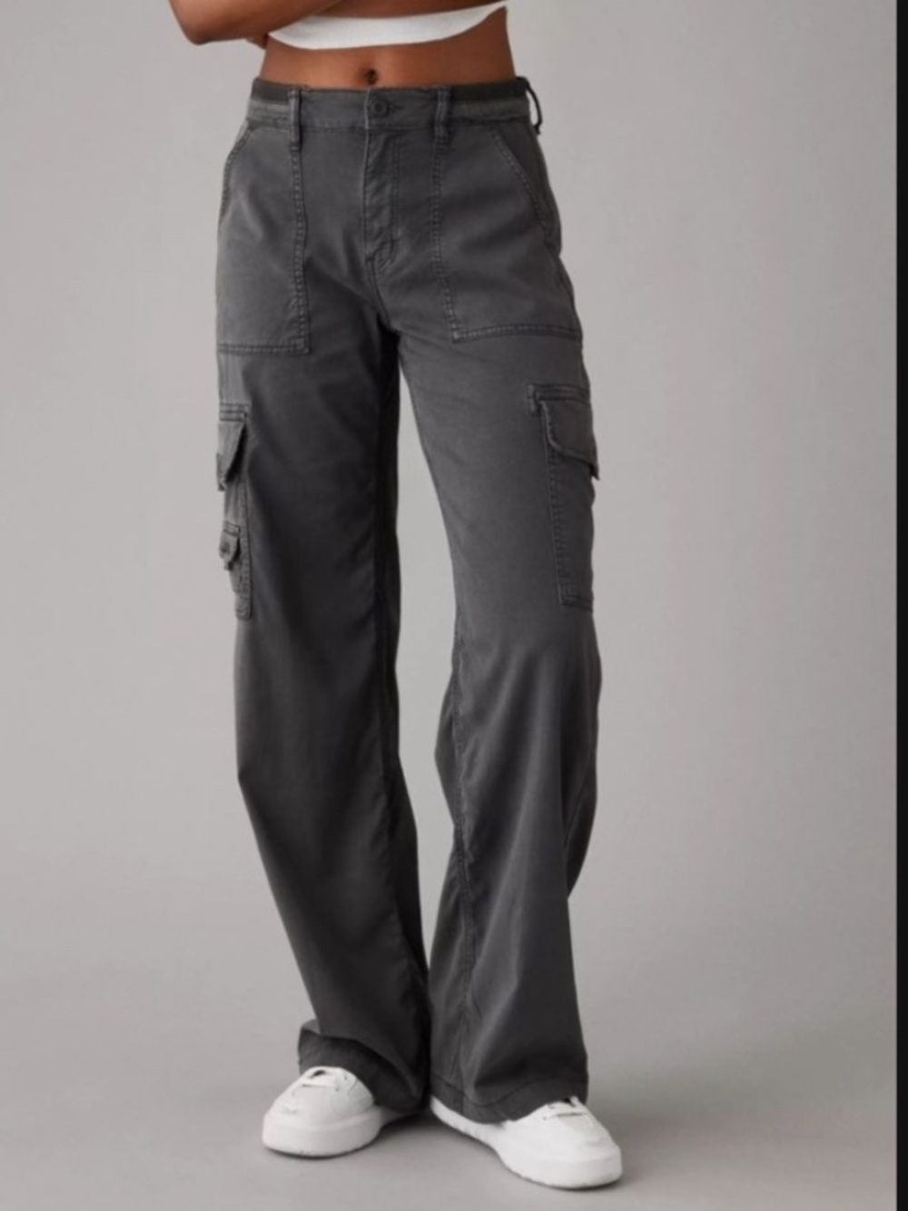 NWT American Eagle AE Dreamy Drape High Waisted Wide Grey Cargo Pants SZ 0 25W